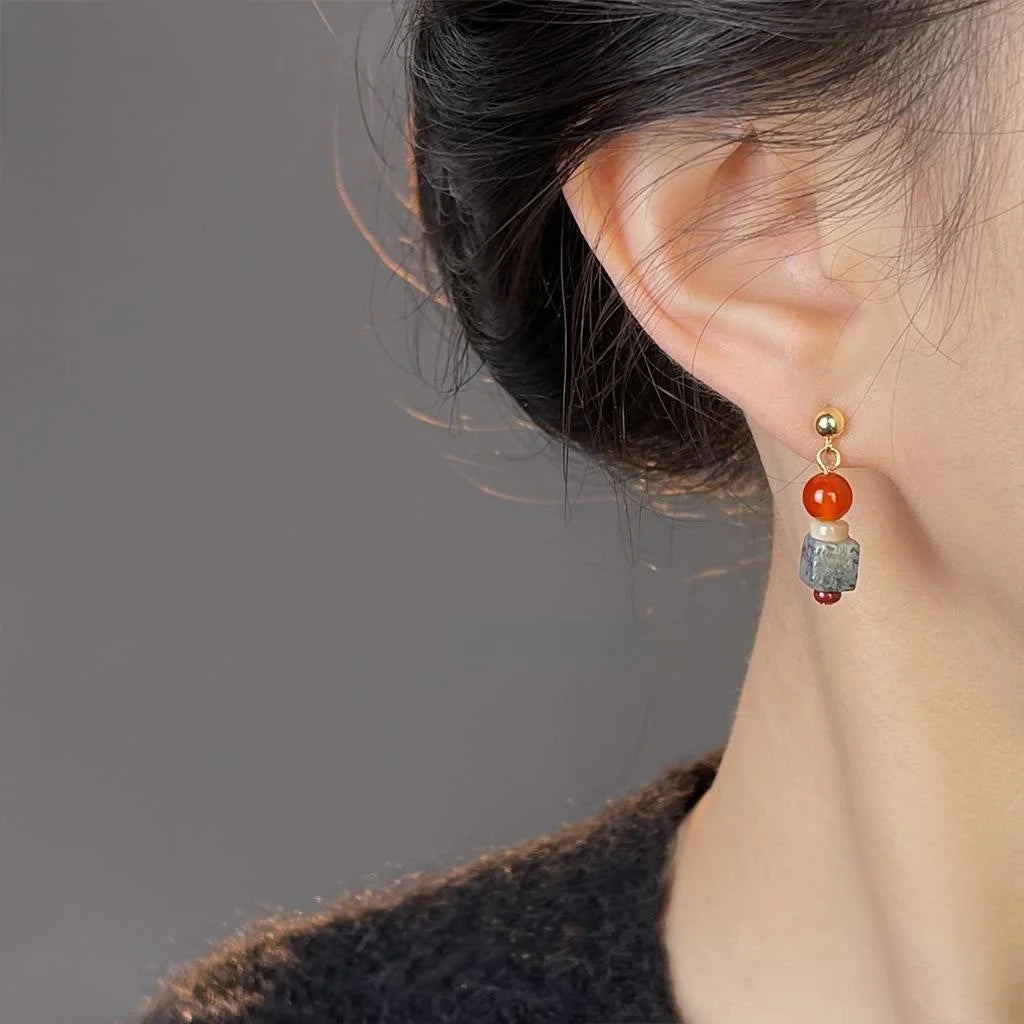 New Chinese Style Red Agate Shell Natural Stone Geometric Handmade Drop Earrings For Women