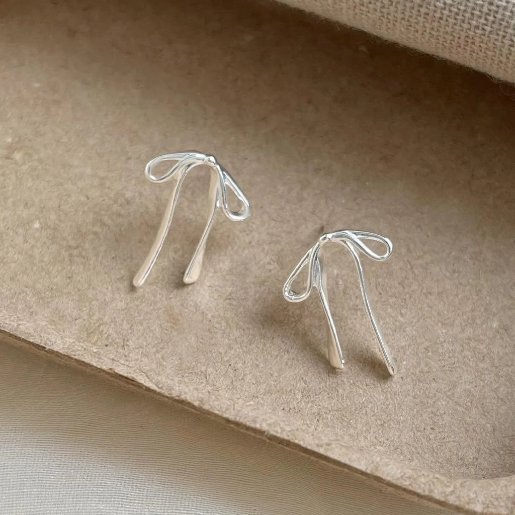 Sweet Bow Ribbon Stud Earrings Silver Tone Copper Minimalist Fashion Jewelry