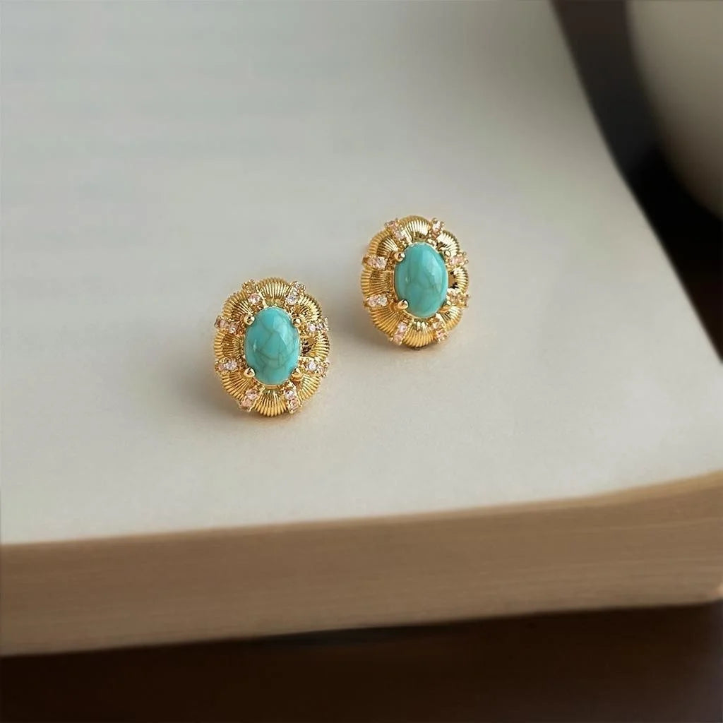 Vintage Oval Synthetic Turquoise Zircon Micro Pave Copper Stud Earrings With Silver Plated Pins