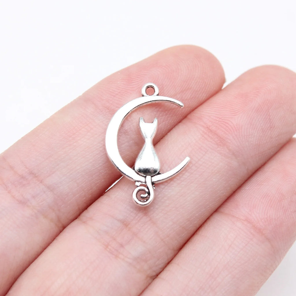 21x13mm 0.7g Antique Silver Tone Zinc Alloy Moon Cat Charm Pendant for DIY Necklace Jewelry Making