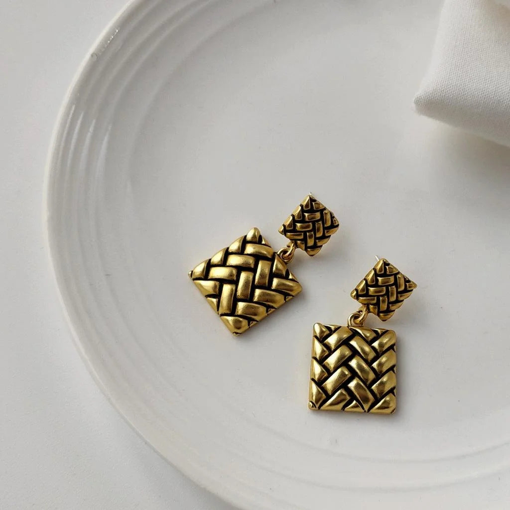 Vintage Plaid Button Square Alloy Drop Earrings Korean Style