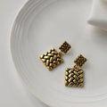 Vintage Plaid Button Square Alloy Drop Earrings Korean Style