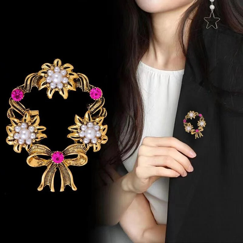Vintage Gold Alloy Floral Wreath Brooch With Faux Pearl And Pink Rhinestone Bow, Elegant Lapel Pin Gift