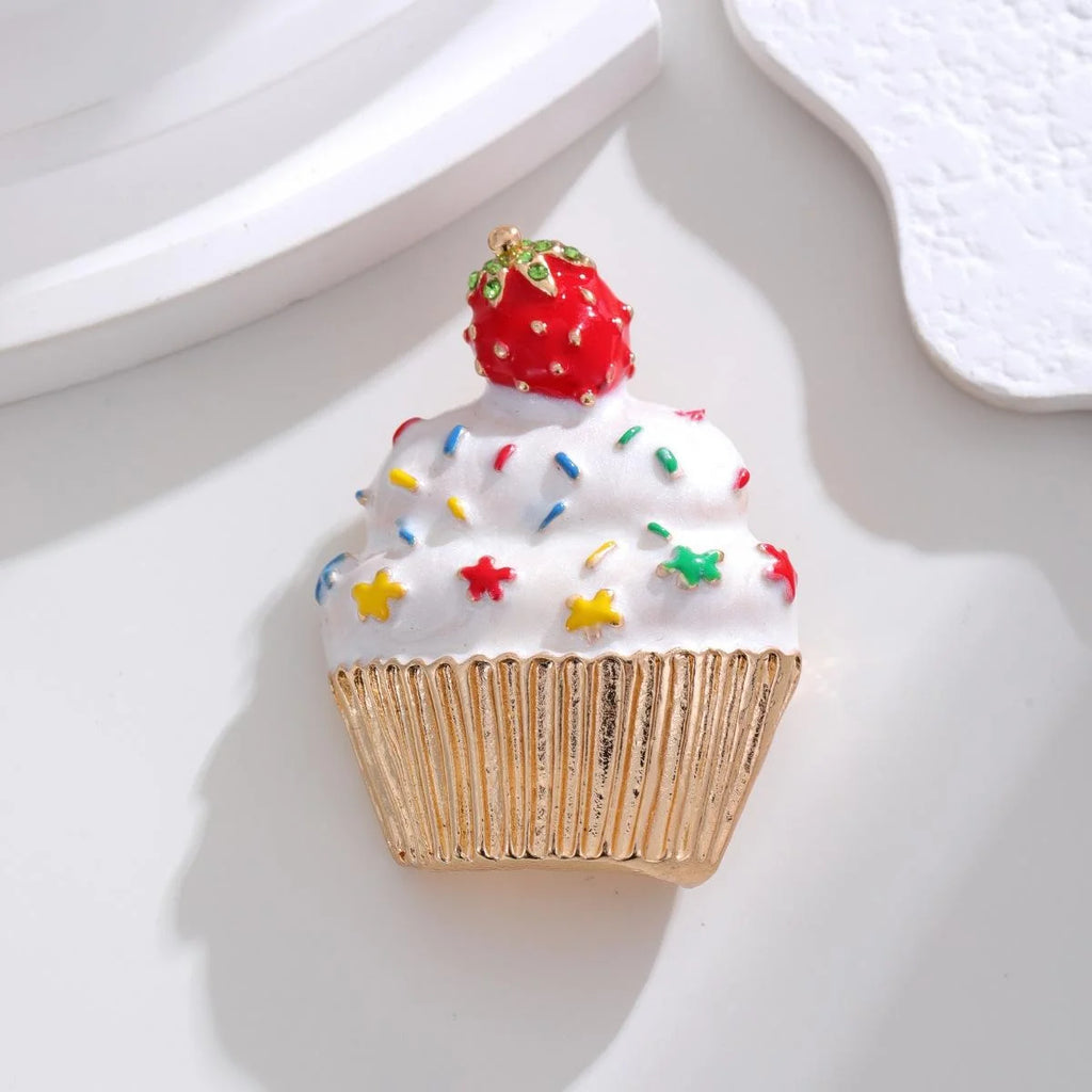 Cute Enamel Strawberry Cupcake Brooch With Rhinestone Leaves, Dessert Lapel Pin Corsage Gift Accessory