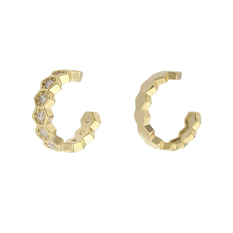 Luxury Gold Hexagon Ear Cuff Stud & Clip On No Piercing Zircon Rhinestone Huggie Hoop Earrings