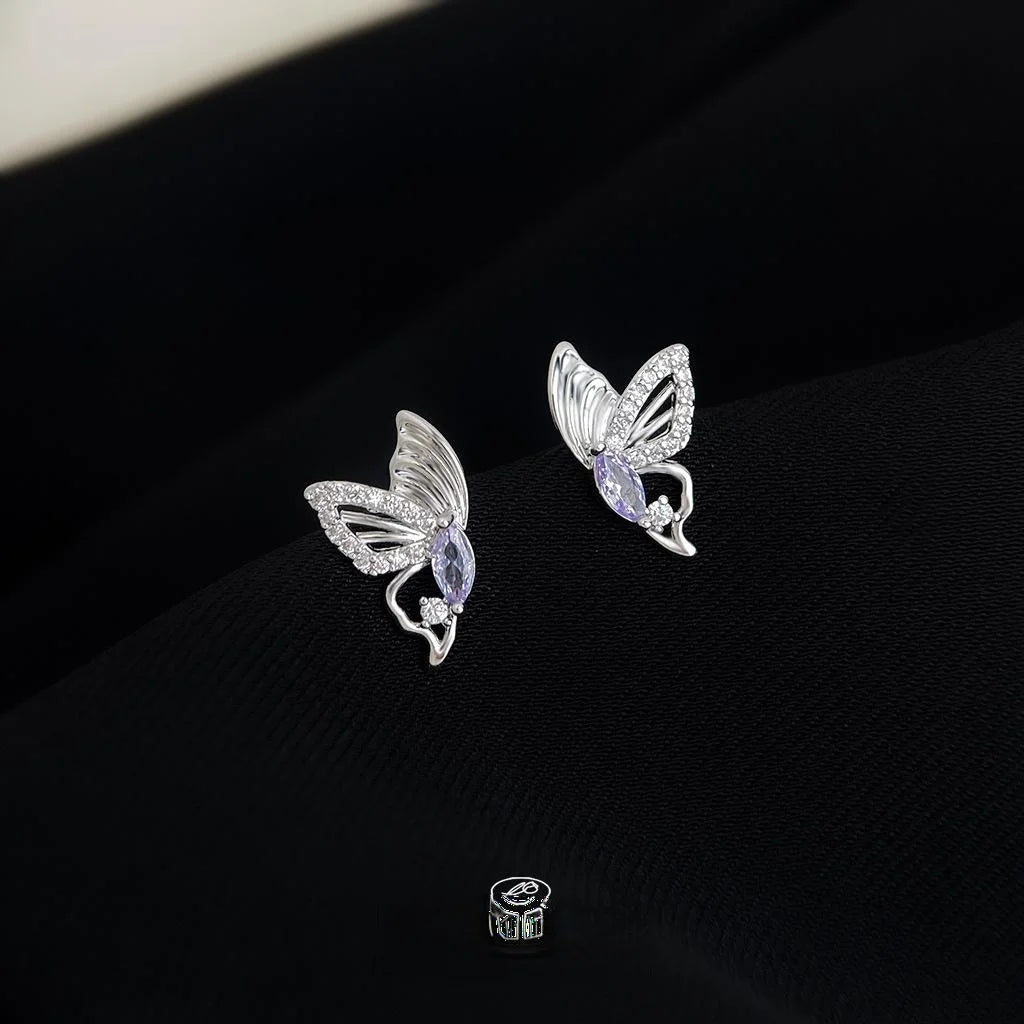 Purple Butterfly Micro Pave Zircon Copper Stud Earrings Elegant Minimalist Style