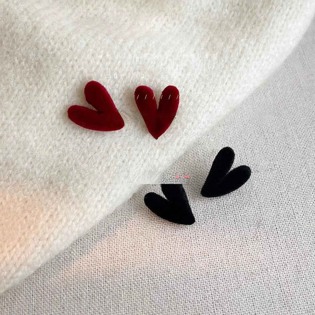 Copper Burgundy Flocked Heart Stud Earrings Plush Minimalist Elegant Fall Winter Jewelry