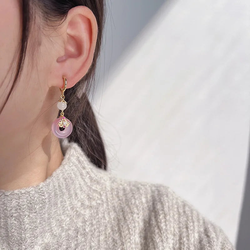 Elegant Pink Donut Peace Buckle Alloy Pearl Drop Stud & Clip On No Piercing Vintage Earrings