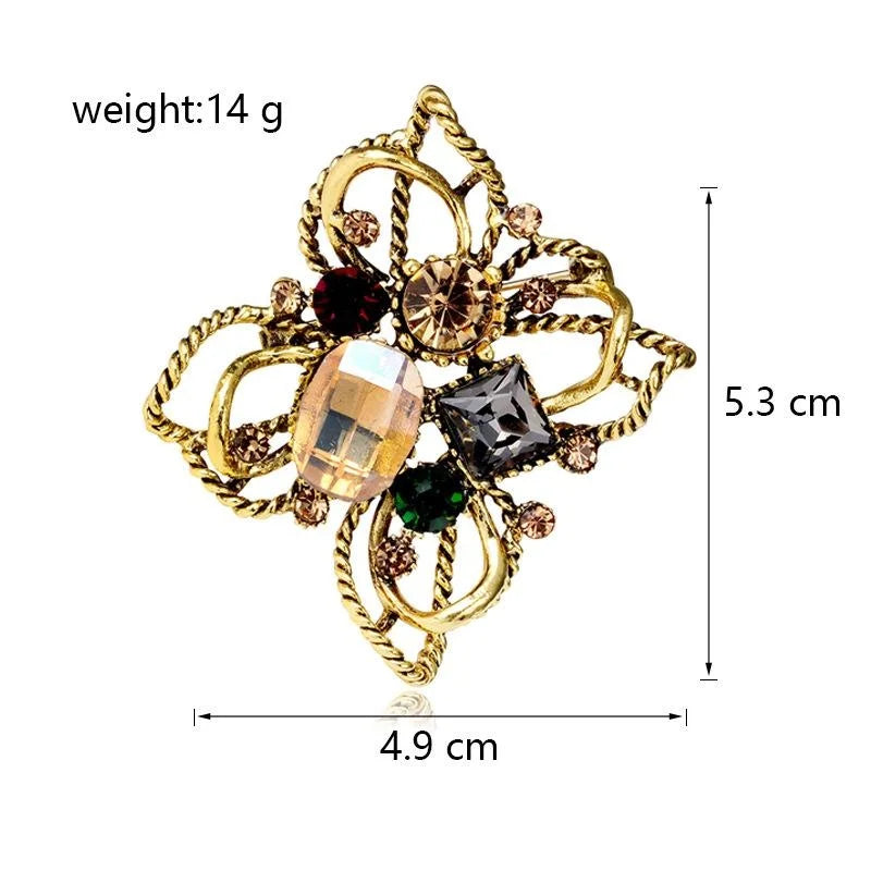 Vintage Baroque Floral Alloy Rhinestone Brooch With Twisted Gold Tone Petals, Elegant Lapel Pin Gift