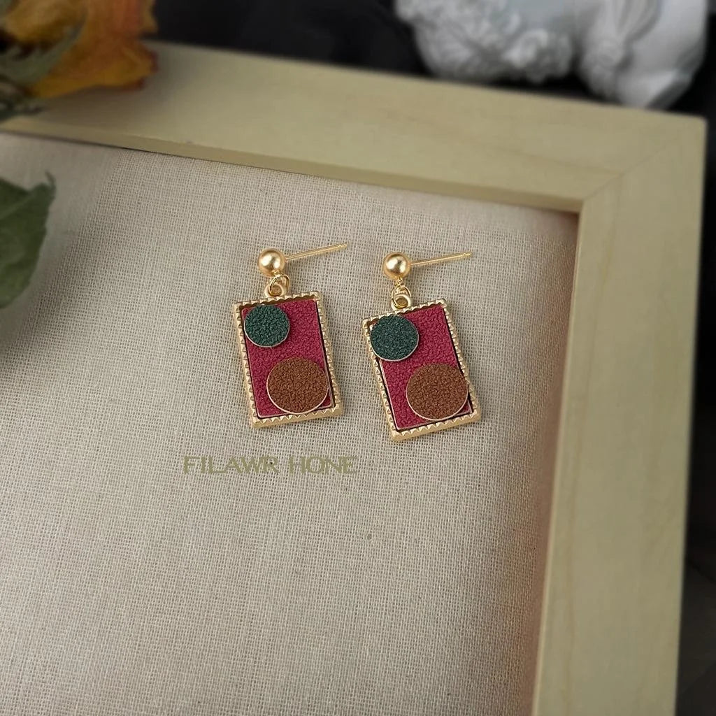Vintage PU Leather Geometric Drop Earrings With Matte Plated Rectangle And Circle Design