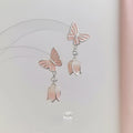 Sweet Pink Enamel Butterfly Flower Drop Earrings Eco Copper Silver Plated Pin Jewelry