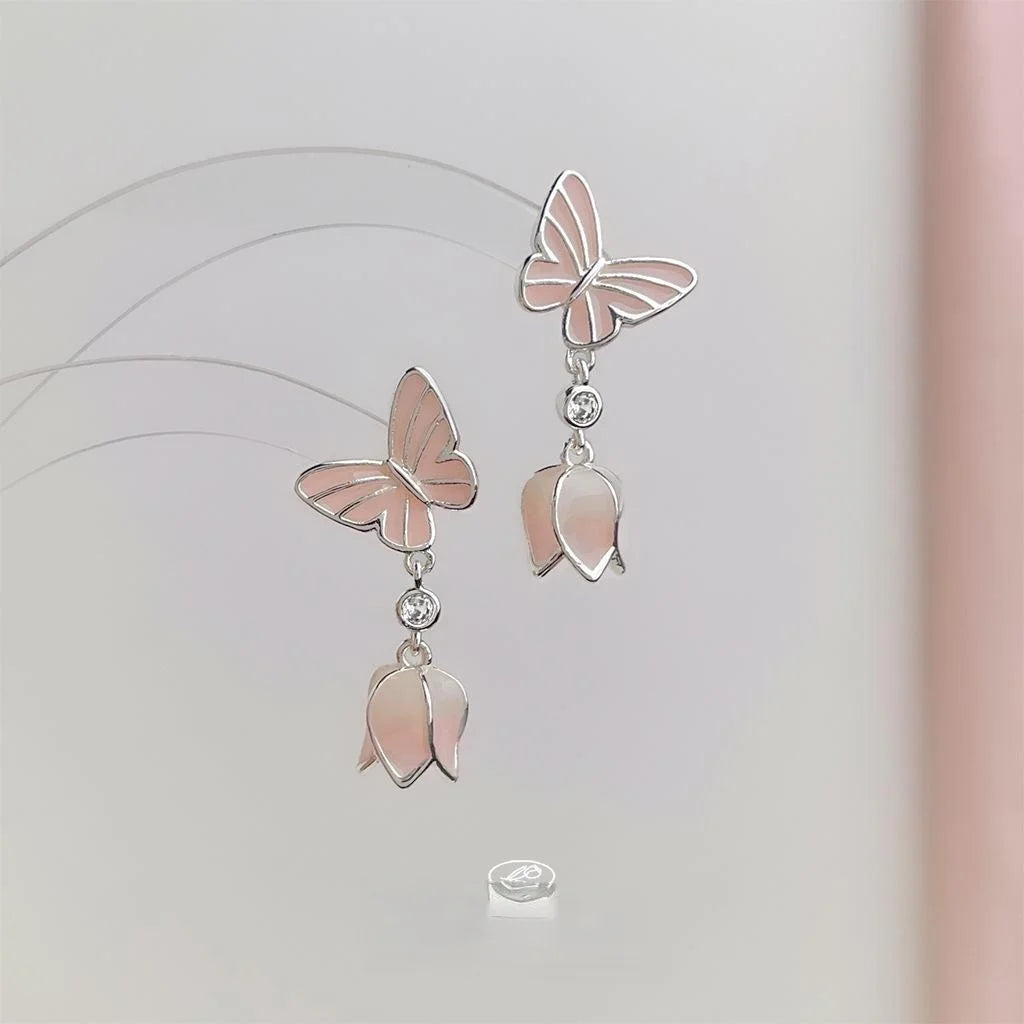 Sweet Pink Enamel Butterfly Flower Drop Earrings Eco Copper Silver Plated Pin Jewelry