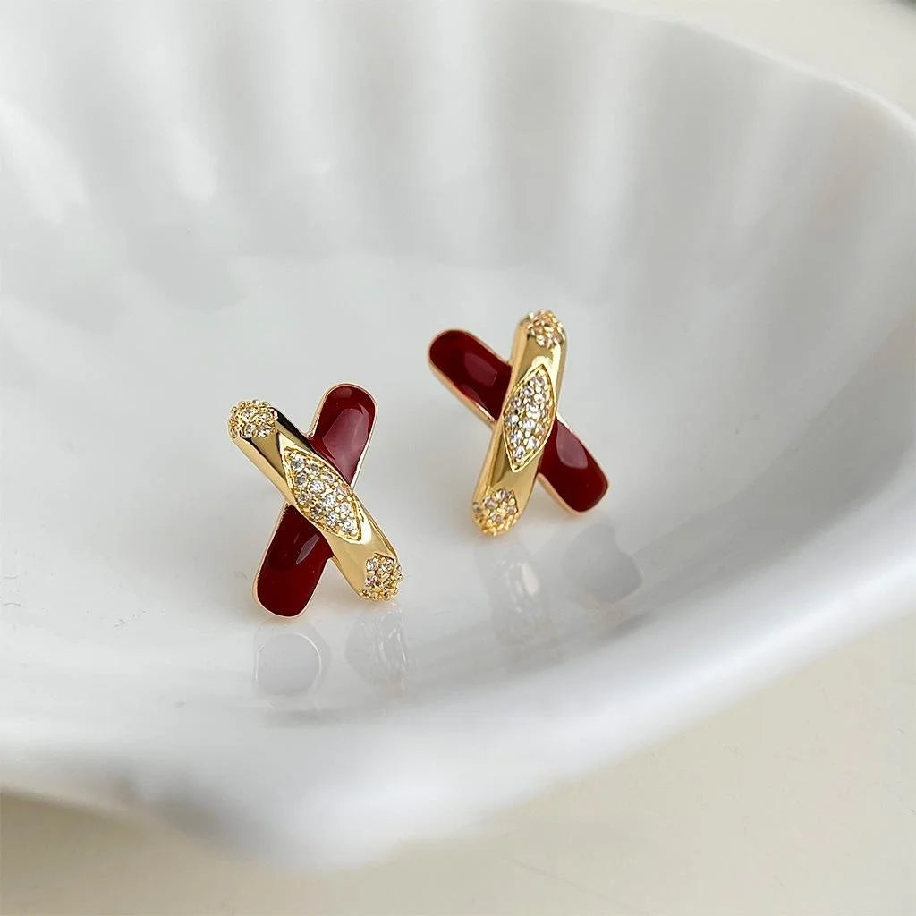 Rococo Burgundy Enamel Drip Glaze Zircon Copper Geometric Cross Stud Earrings