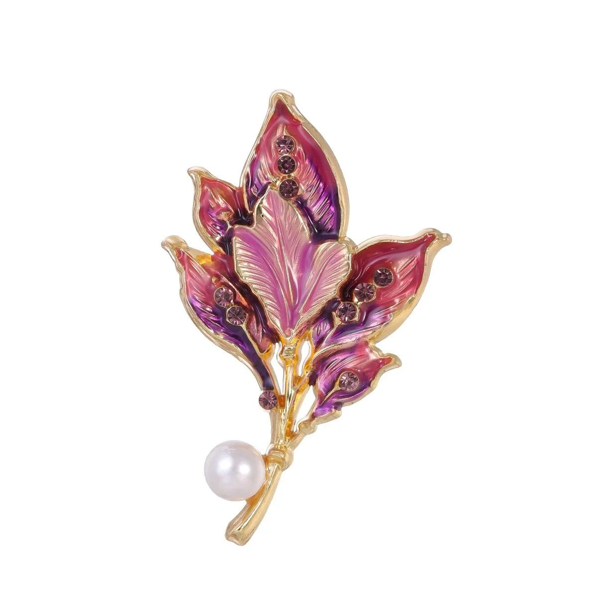 Elegant Enamel Leaf Flower Brooch With Faux Pearl And Rhinestones, Luxury Alloy Lapel Pin Corsage Gift