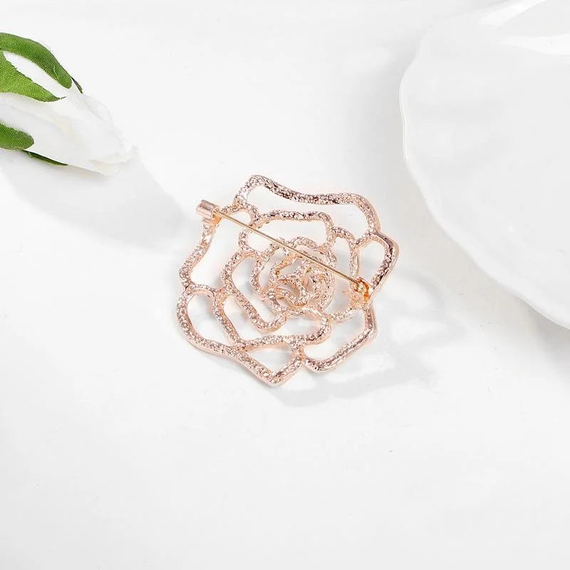 Elegant Rose Flower Brooch With Rhinestone Alloy Outline, Luxury Camellia Lapel Pin Corsage Suit Accessory