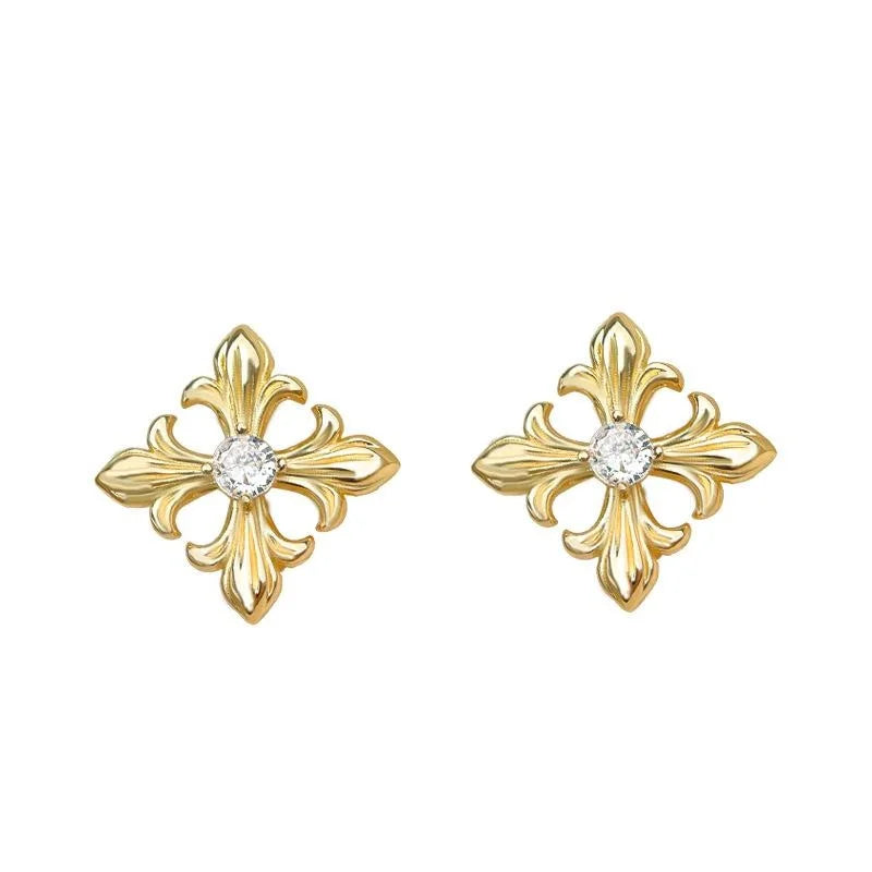 14K Plated Copper Floral Leaf Geometric Stud Earrings Minimalist Designer Jewelry