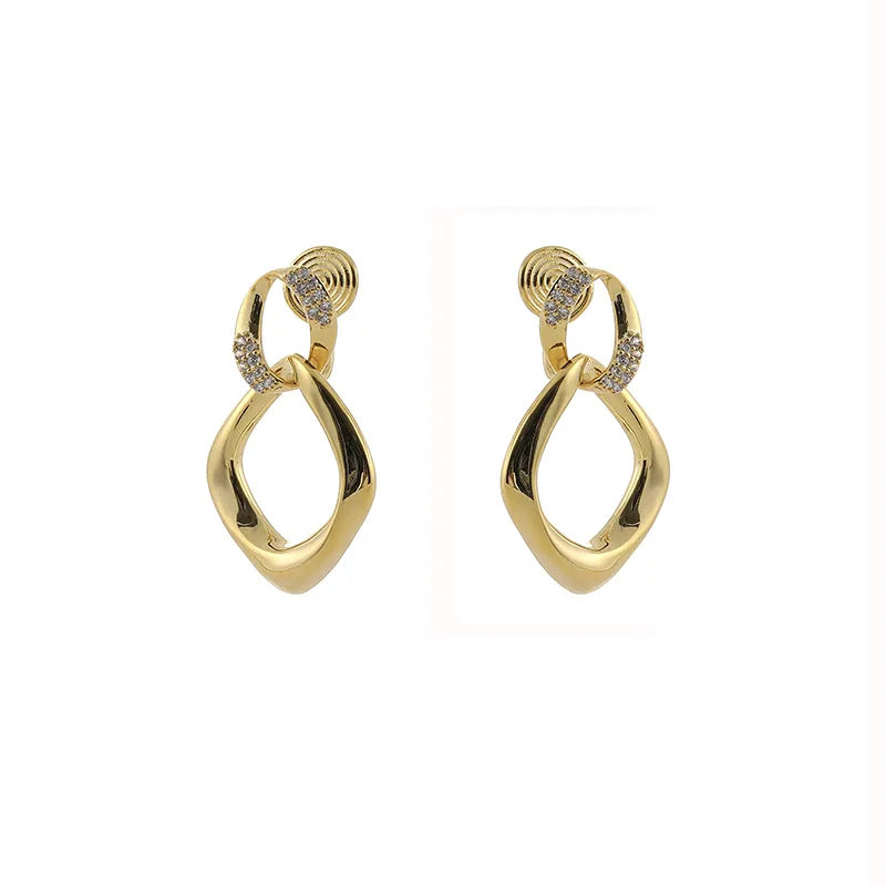 Elegant Gold Alloy Zircon Geometric Double Linked Hoop Drop Stud & Clip On No Piercing Earrings