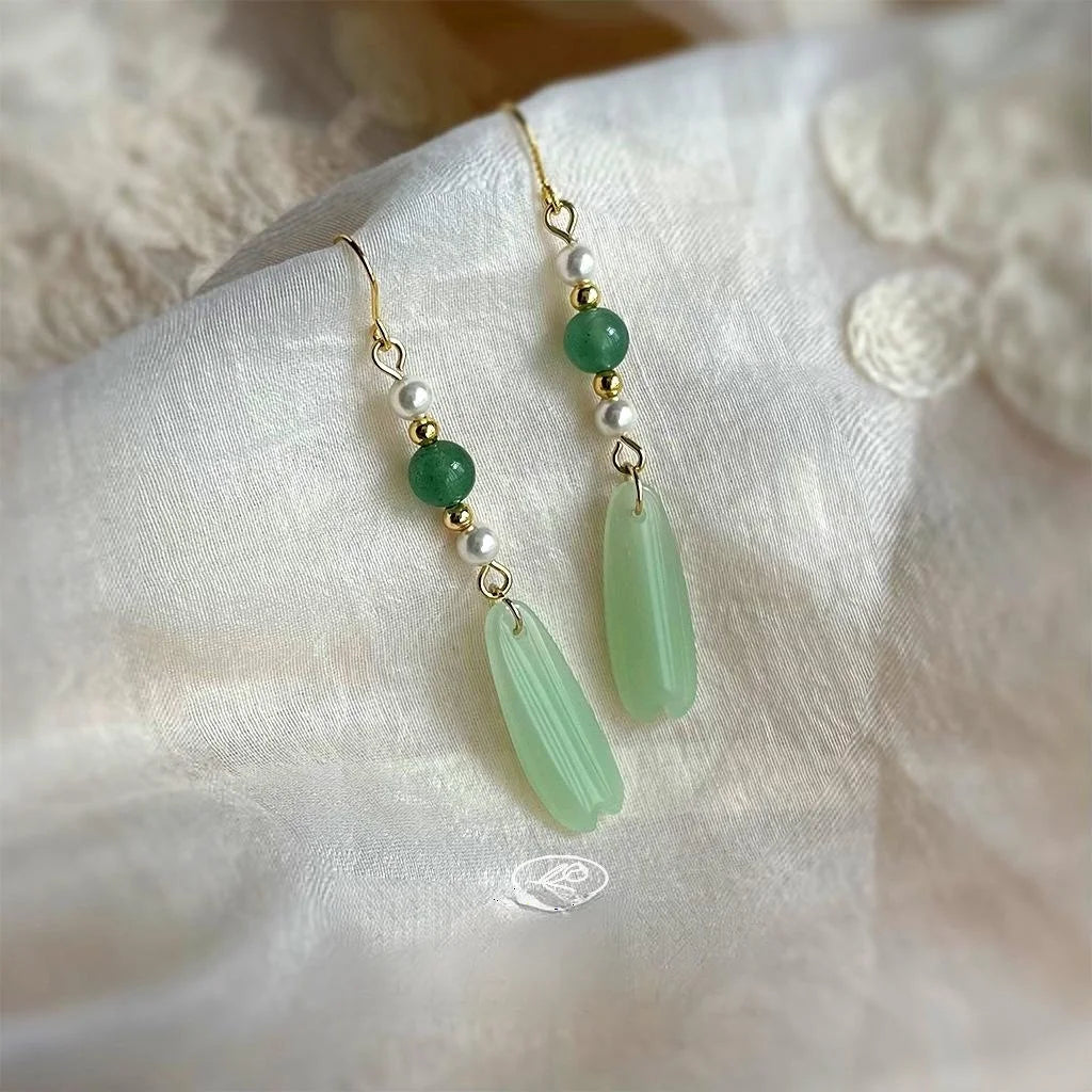 Handmade New Chinese Palace Style Green Agate Glass Crystal Floral Geometric Drop Earrings