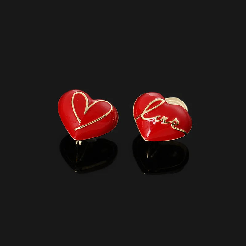 Red Enamel Love Heart Asymmetric Alloy Stud & Clip On No Piercing New Year Fashion Earrings