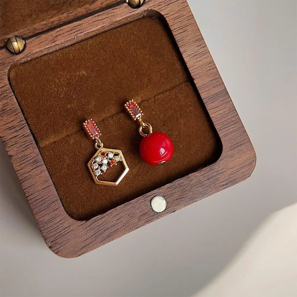 Chinese Style Asymmetric Red Pearl Micro Pave Zircon Hollow Geometric Stud Earrings