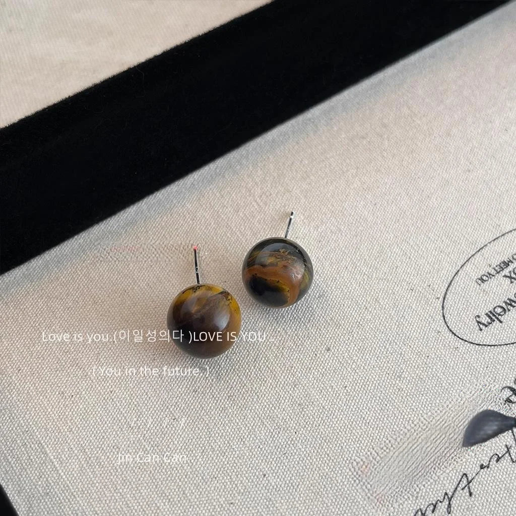 Vintage Style Tiger Eye Round Stud Earrings Amber Geometric Modern Chinese Elegant Jewelry