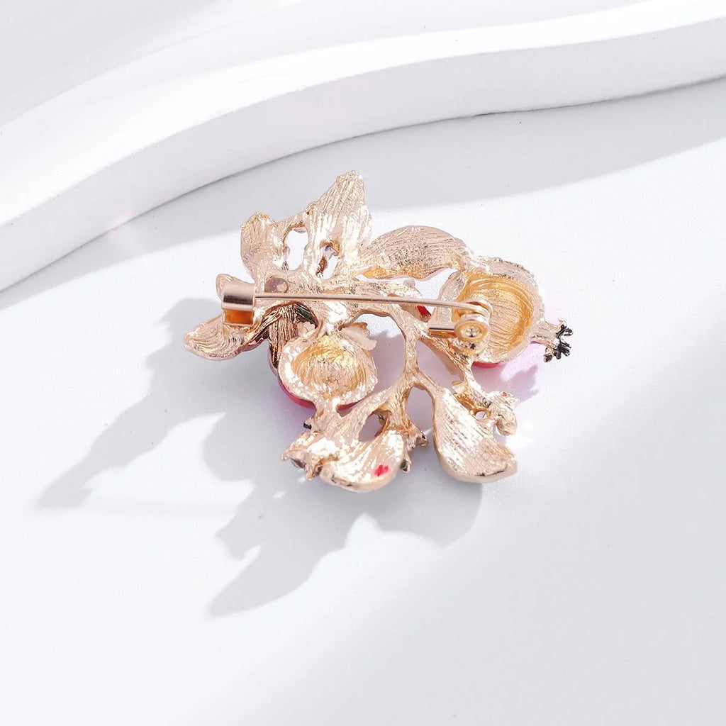 Elegant Enamel Pomegranate Flower Brooch With Rhinestones, Alloy Fruit Leaf Lapel Pin Suit Accessory Gift