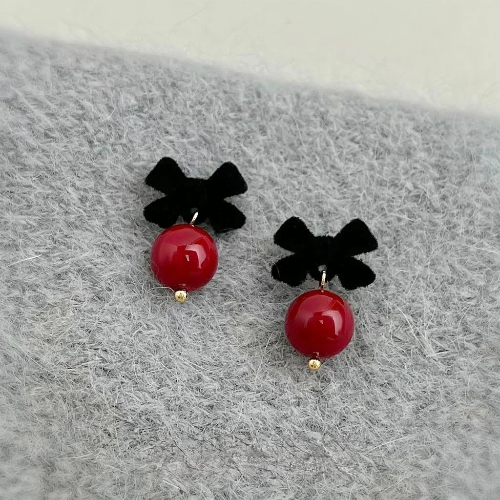 Chinese Style Flocked Bow Glass Ball Drop Earrings Vintage Elegant Jewelry