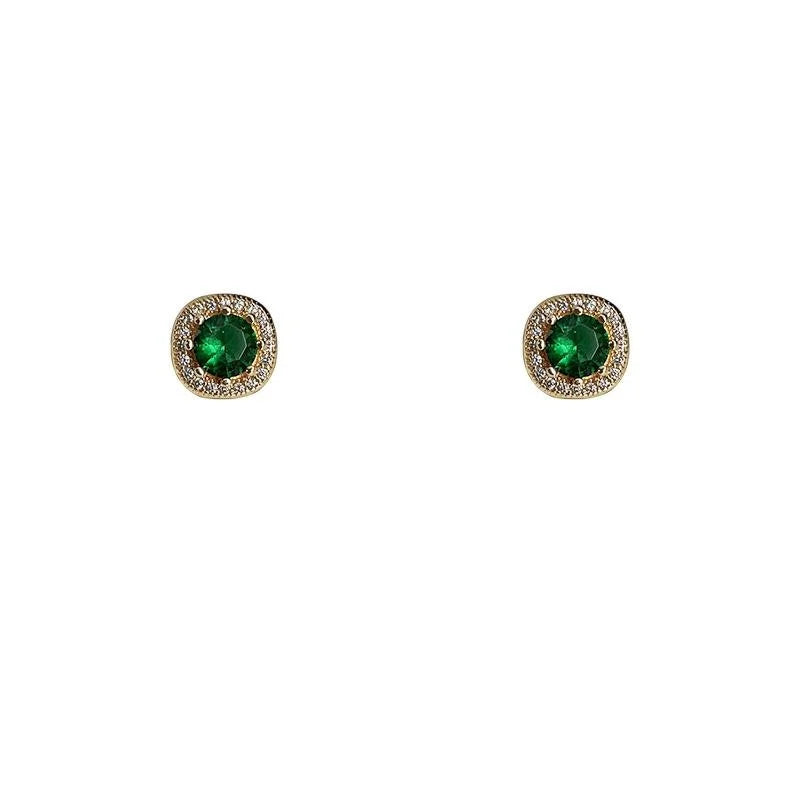 French Vintage 14K Plated Copper Square Emerald Zircon Micro Pave Stud Earrings