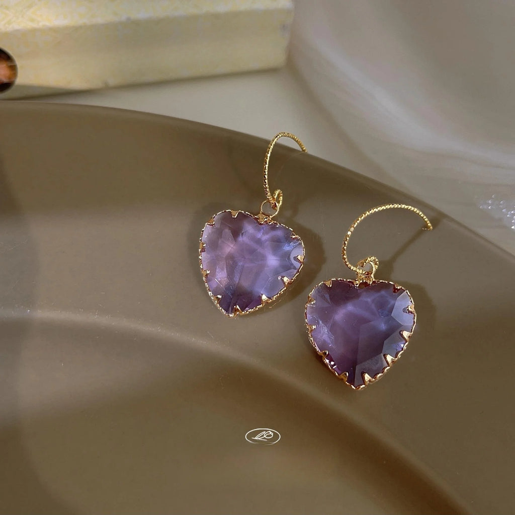 18K Plated Copper Glass Crystal Heart Drop Earrings Vintage Luxury Sparkly Women's Jewelry