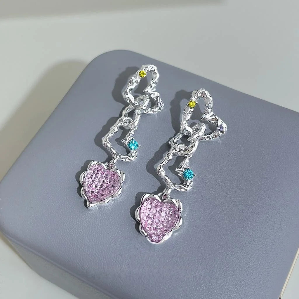 Sweet Cool Pink Heart Geometric Rhinestone Long Drop Earrings For Women