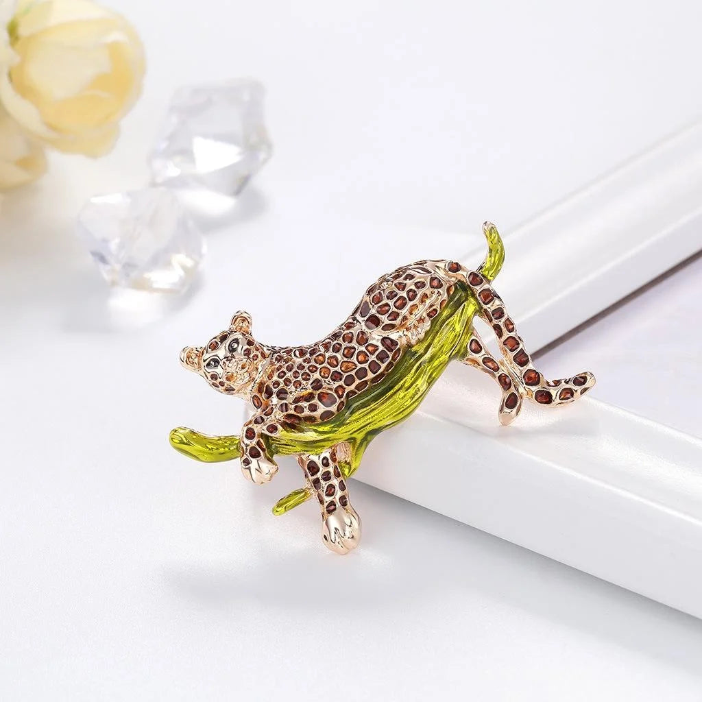 Elegant Enamel Leopard On Branch Brooch, Rhinestone Alloy Animal Lapel Pin Corsage Suit Accessory Gift