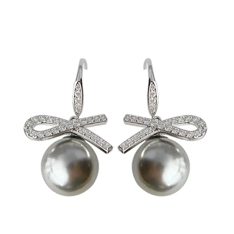 Luxury Gray Glass Pearl Bow Drop Earrings For Women Copper Micro Pave Zircon Minimalist Jewelry