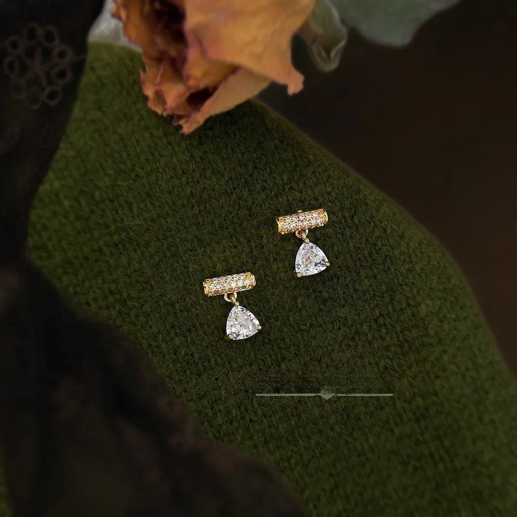 Micro Pave Zircon Geometric Balance Beam Heart Bell Stud Earrings Copper Minimalist