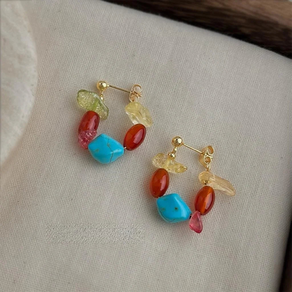 Handmade Chinese Style Irregular Geometric Red Agate Citrine Turquoise Copper Drop Earrings