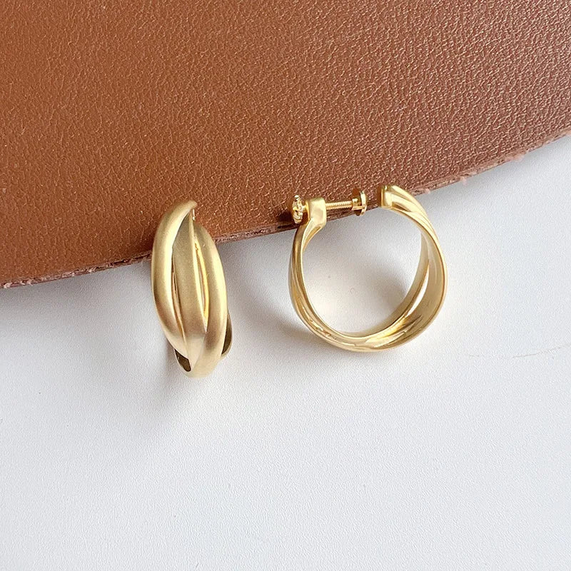 Elegant Matte Gold Alloy Cross C Hoop Stud & Clip On No Piercing Spiral Twist Statement Earrings