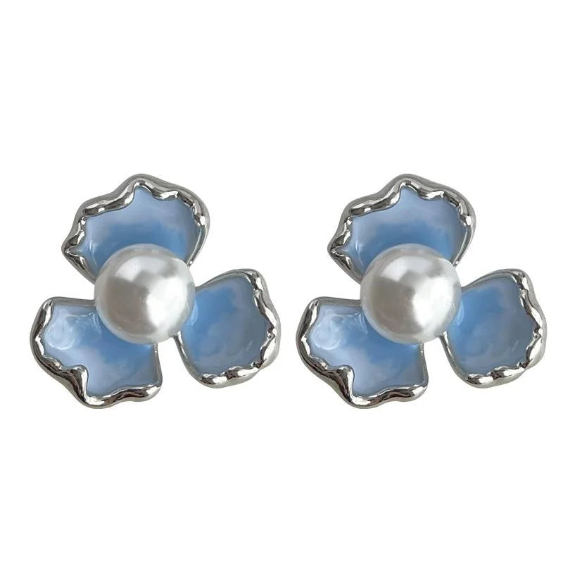 Sweet Forest Style Gradient Light Blue Iris Flower Copper Pearl Stud Earrings