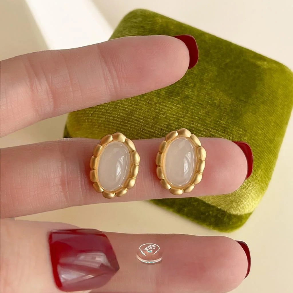 French Vintage Matte Gold Oval Lace Copper Resin Stud Earrings With Silver Plated Pins
