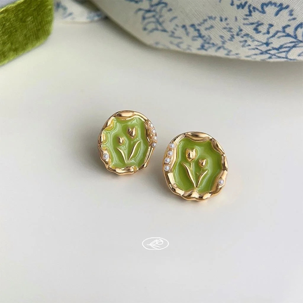 Sweet Pastoral Copper Tulip Flower Stud Earrings Pink Green Spring Garden Floral Jewelry