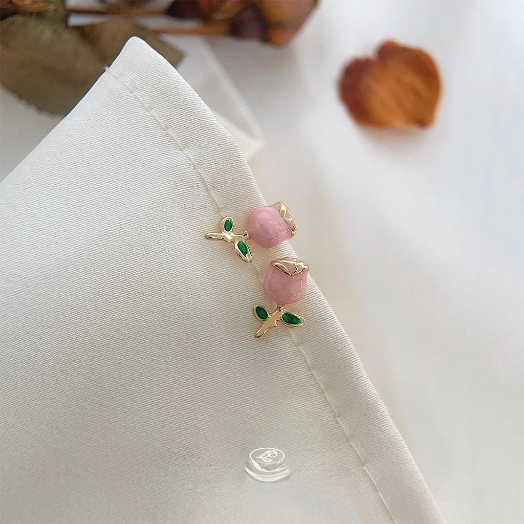 Sweet Pink Tulip Enamel Copper Stud Earrings Cute Minimalist Floral Jewelry for Women