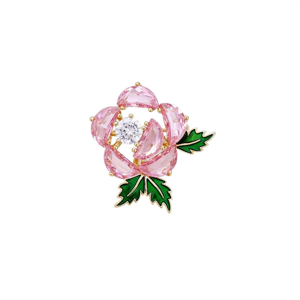 Elegant Enamel Sunflower Camellia Flower Brooch With Rhinestone Leaves, Luxury Lapel Pin Suit Accessory Gift