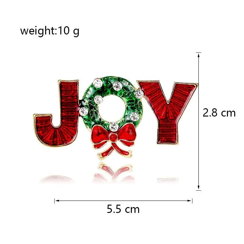 Elegant Christmas JOY Letter Enamel Rhinestone Alloy Bow Wreath Brooch Lapel Pin For Suit Accessory Gift
