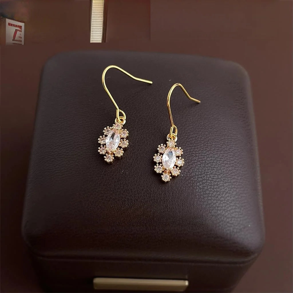 14K Plated Copper Micro Pave Zircon Drop Earrings, Light Luxury Floral Geometric Jewelry For Women