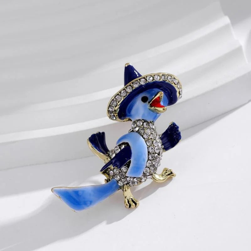 Cute Enamel Blue Parrot In Cowboy Hat Brooch With Rhinestones, Animal Lapel Pin Corsage Gift