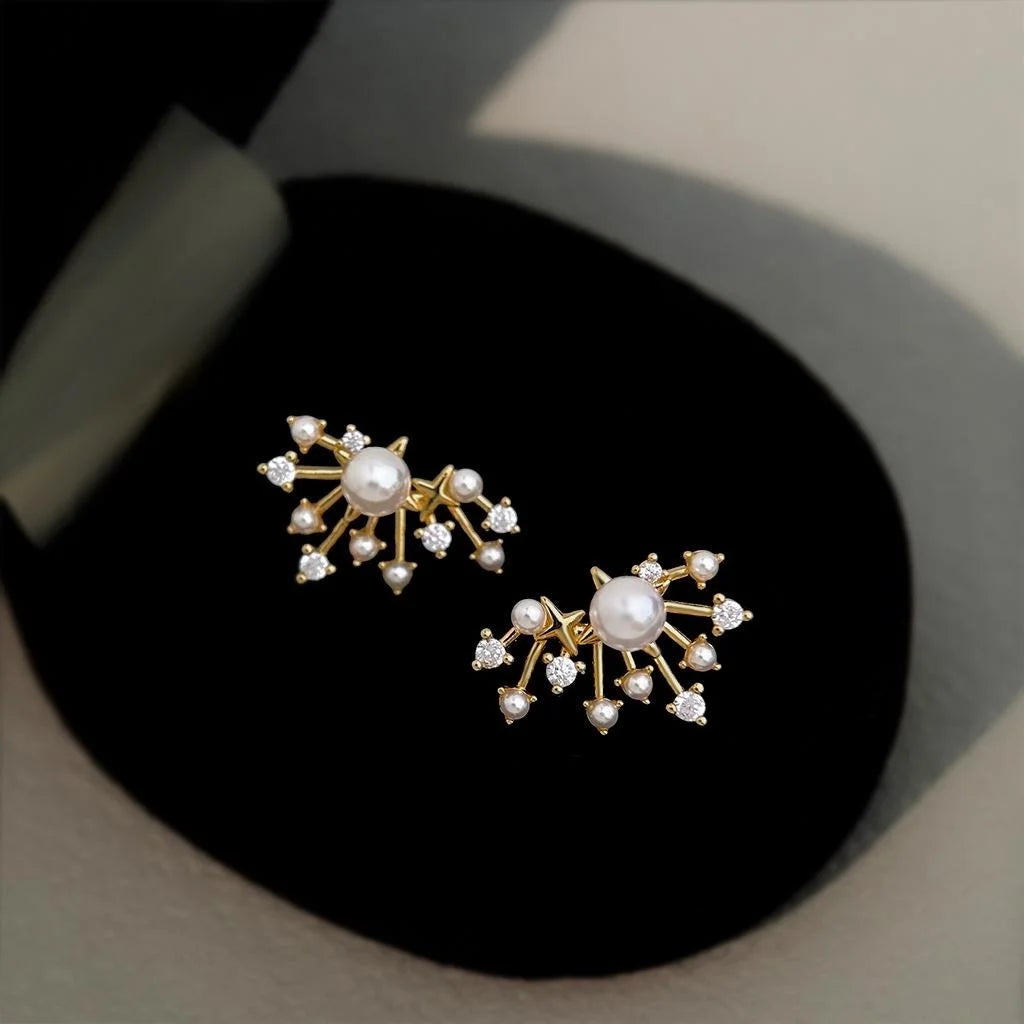 Luxury Silver Plated Copper Zircon Pearl Starburst Stud Earrings For Women