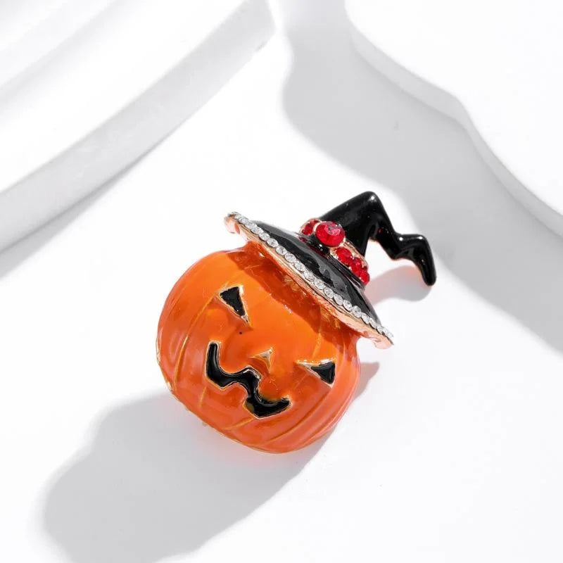 Cute Halloween Enamel Pumpkin Witch Hat Brooch With Rhinestones Alloy Lapel Pin Corsage Gift Accessory