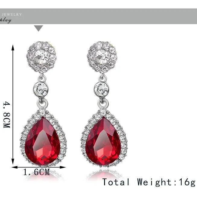 Elegant Red Teardrop Crystal Rhinestone Dangle Earrings, Silver Tone Bridal Jewelry For Wedding Party