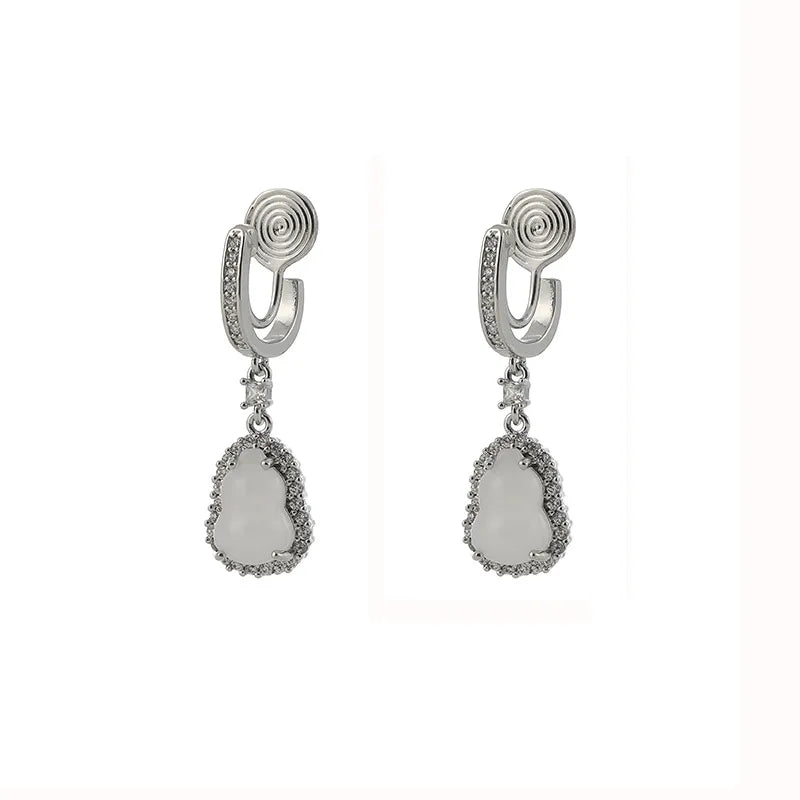 Vintage Chinese Gourd Teardrop Alloy Rhinestone Stud & Clip On No Piercing Dangle Earrings