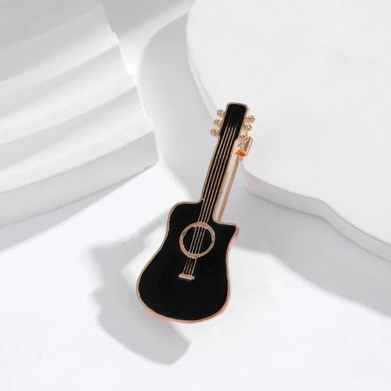 Elegant Black Enamel Guitar Brooch Alloy Musical Instrument Lapel Pin For Suit Accessory Gift