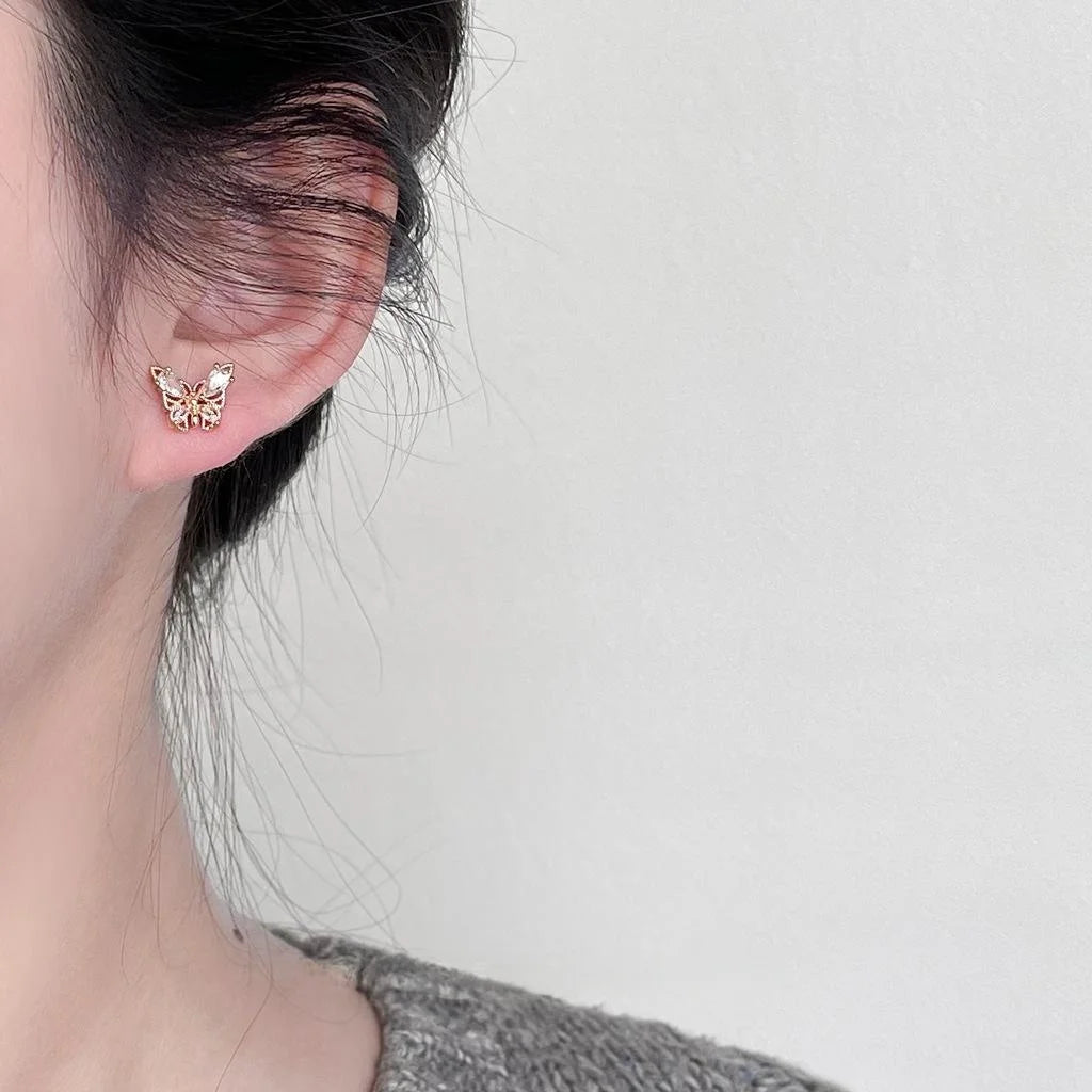 Mini Micro Pave Zircon Butterfly Copper Stud Earrings For Women Sweet Minimalist Jewelry