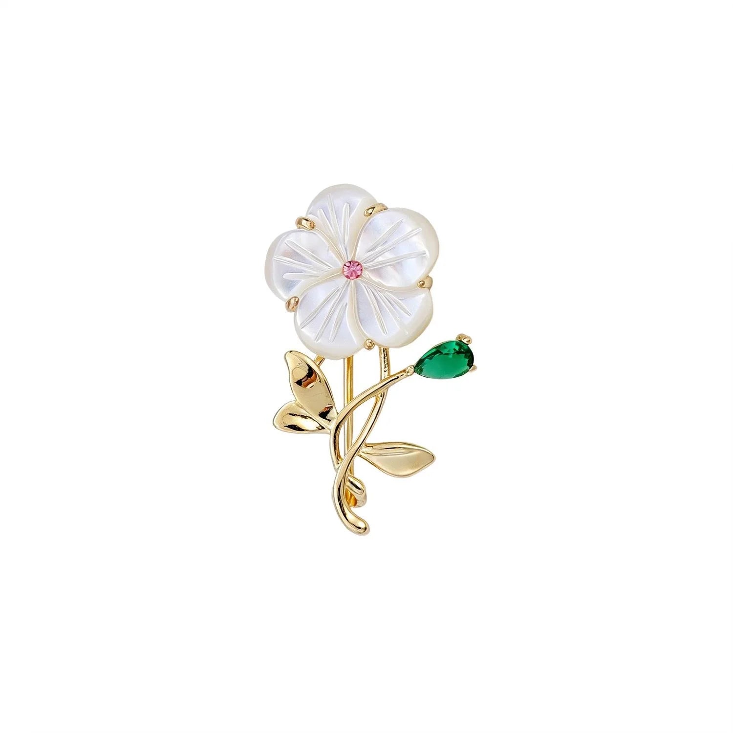 Elegant Floral Four Leaf Clover Brooch With Mother Of Pearl Rhinestone Alloy Lapel Pin Corsage Gift